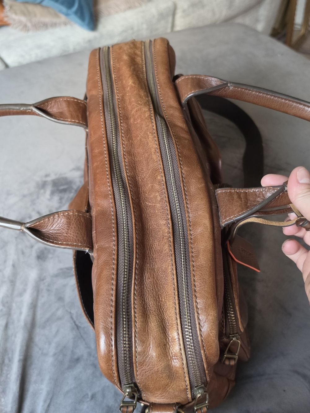Fossil Cognac Brown Leather Briefcase with Front Pockets - Picture 3 of 6